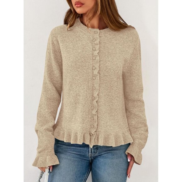 Women’s Chunky Knit Button Down Ruffle Cropped Cardigan Sweater Long Sleeve - Picture 2 of 8